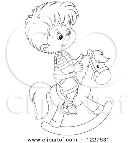 Clipart of a Outlined Boy Playing on a Rocking Horse - Royalty Free Vector Illustration by Alex Bannykh