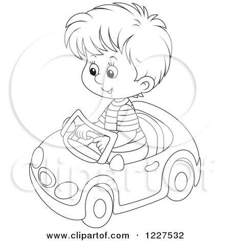 Clipart of an Outlined Boy Playing in a Toy Car - Royalty Free Vector Illustration by Alex Bannykh