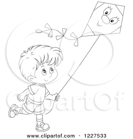 Clipart of an Outlined Boy Flying a Kite - Royalty Free Vector Illustration by Alex Bannykh
