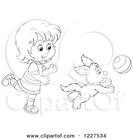 Clipart of an Outlined Girl and Puppy Dog Playing with a Ball - Royalty Free Vector Illustration by Alex Bannykh
