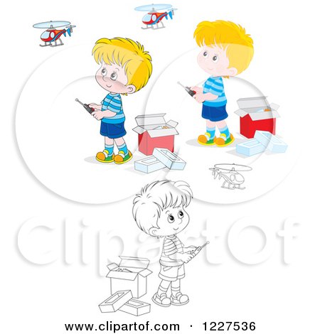 Clipart of Outlined and Colored Boys Playing with Remote Controlled Helicopters - Royalty Free Vector Illustration by Alex Bannykh