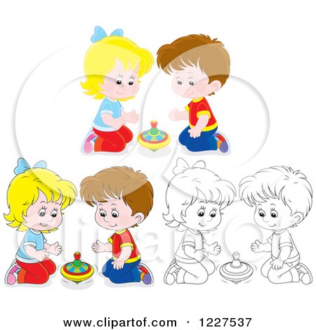Clipart of Outlined and Colored Boys and Girls Playing with Toy Tops - Royalty Free Vector Illustration by Alex Bannykh