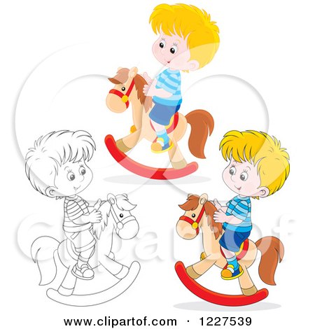 Clipart of Outlined and Colored Boys Playing on Rocking Horses - Royalty Free Vector Illustration by Alex Bannykh