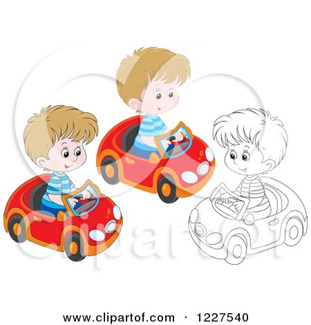 Clipart of Outlined and Colored Boys Playing in Toy Cars - Royalty Free Vector Illustration by Alex Bannykh