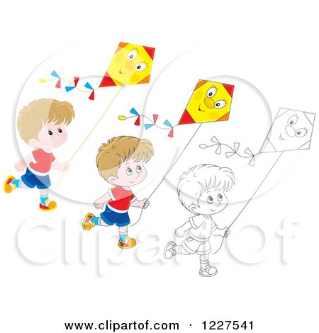 Clipart of Outlined and Colored Boys Flying Kites - Royalty Free Vector Illustration by Alex Bannykh