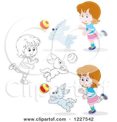 Clipart of Outlined and Colored Girls and Dogs Playing with a Ball - Royalty Free Vector Illustration by Alex Bannykh