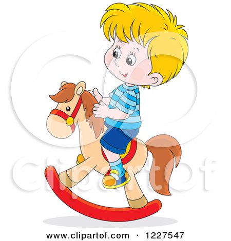 Clipart of a Caucasian Boy Playing on a Rocking Horse - Royalty Free Vector Illustration by Alex Bannykh