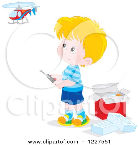 Clipart of a Blond Boy Playing with a Remote Controlled Helicopter - Royalty Free Vector Illustration by Alex Bannykh