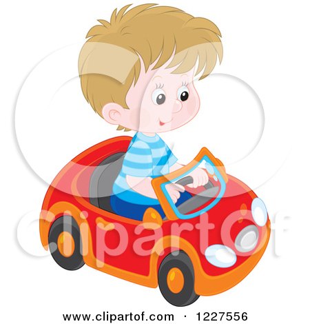 Clipart of a White Boy Playing in a Toy Car - Royalty Free Vector Illustration by Alex Bannykh