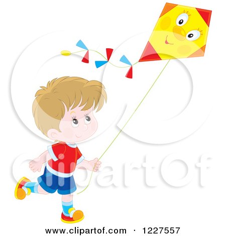 Clipart of a White Boy Flying a Kite - Royalty Free Vector Illustration by Alex Bannykh