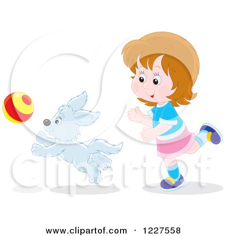 Clipart of a Girl and Dog Playing with a Ball - Royalty Free Vector Illustration by Alex Bannykh