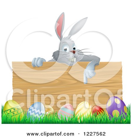 Clipart of a Gray Bunny over a Wood Sign and Easter Eggs - Royalty Free Vector Illustration by AtStockIllustration