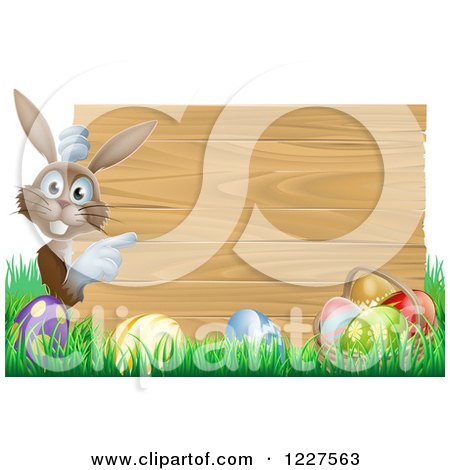 Clipart of a Brown Bunny by a Wood Sign and Easter Eggs - Royalty Free Vector Illustration by AtStockIllustration
