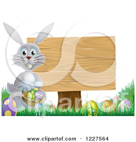 Clipart of a Gray Bunny by a Wood Sign and Easter Eggs - Royalty Free Vector Illustration by AtStockIllustration