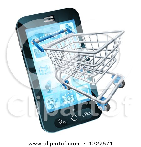 Clipart of a Smartphone with a Shopping Cart Emerging from the Screen - Royalty Free Vector Illustration by AtStockIllustration
