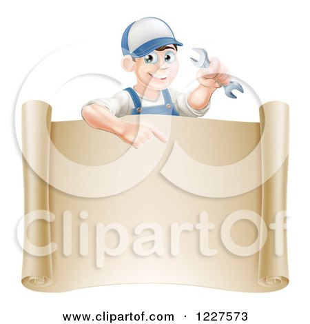 Clipart of a Happy Brunette Worker Man Holding a Wrench and Pointing down at a Scroll Sign - Royalty Free Vector Illustration by AtStockIllustration