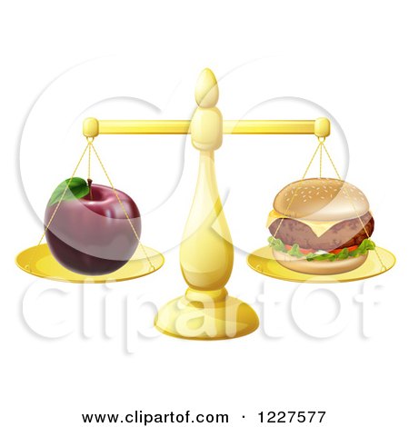 Clipart of a Scale Balancing an Apple and Cheeseburger - Royalty Free Vector Illustration by AtStockIllustration