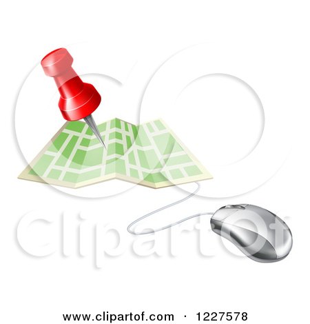 Clipart of a Navigation Pin over a Map with a Computer Mouse - Royalty Free Vector Illustration by AtStockIllustration