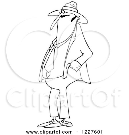 Clipart of an Outlined Man Wearing a Fedora Hat - Royalty Free Vector Illustration by djart