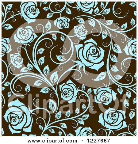Clipart of a Seamless Pattern of Blue Roses on Brown - Royalty Free Vector Illustration by Vector Tradition SM
