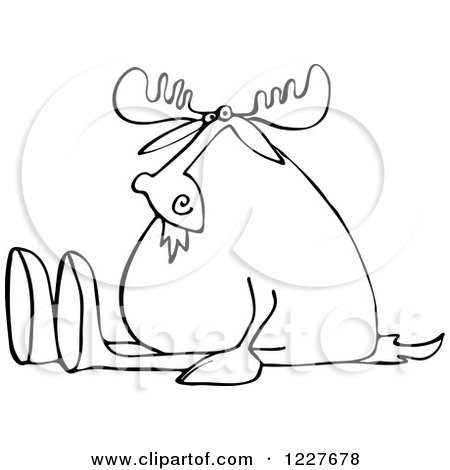 Clipart of an Outlined Moose Sitting with His Legs out - Royalty Free Vector Illustration by djart