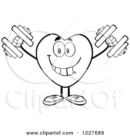 Clipart of an Outlined Heart Character Working out with Dumbbells - Royalty Free Vector Illustration by Hit Toon