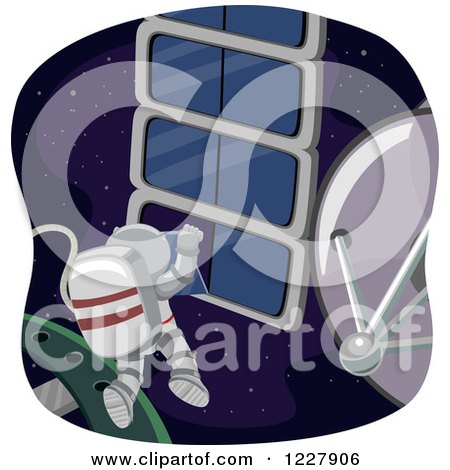 Clipart of an Astronaut Working on a Satellite in Space - Royalty Free Vector Illustration by BNP Design Studio