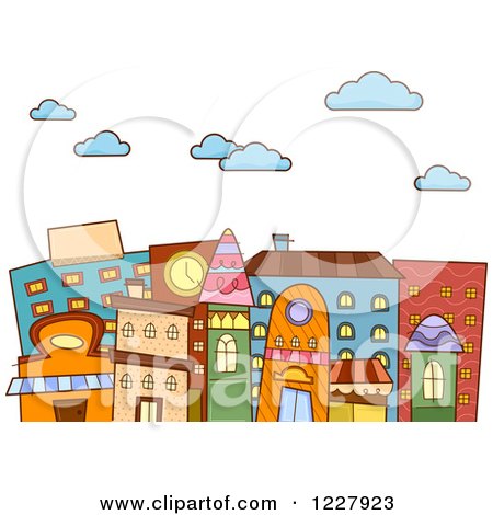 Clipart of a City with Colorful Buildings Under Clouds - Royalty Free Vector Illustration by BNP Design Studio