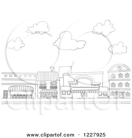 Clipart of Black and White Buildings Along a Street - Royalty Free Vector Illustration by BNP Design Studio