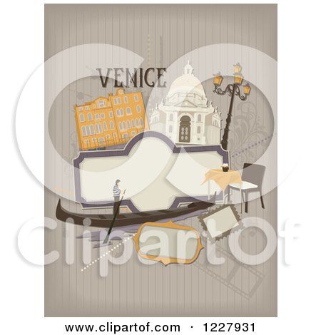 Clipart of a Venice Background with Venetian Items over Stripes - Royalty Free Vector Illustration by BNP Design Studio