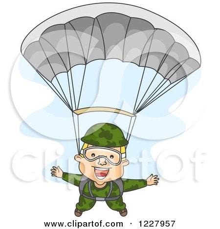 Clipart of a Happy Paratrooper Soldier Descending Wtih a Parachute - Royalty Free Vector Illustration by BNP Design Studio