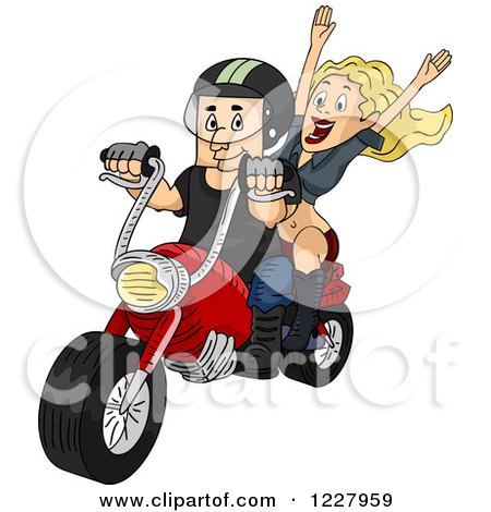 Clipart of a Happy Woman Riding with Her Biker Boyfriend - Royalty Free Vector Illustration by BNP Design Studio