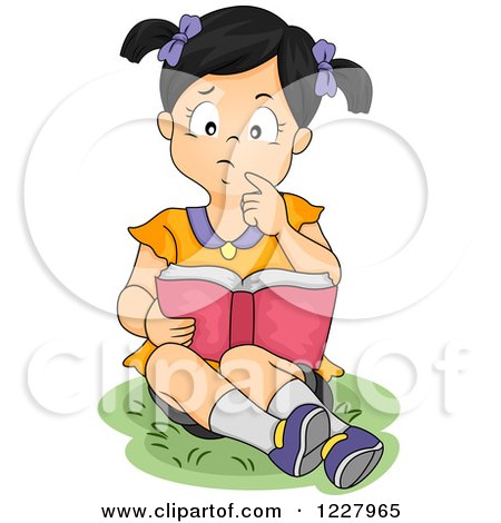 Clipart of a Thoughtful Asian Girl Reading a Book - Royalty Free Vector Illustration by BNP Design Studio
