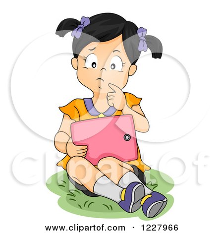 Clipart of a Thoughtful Asian Girl Reading an E-book on a Tablet Computer - Royalty Free Vector Illustration by BNP Design Studio