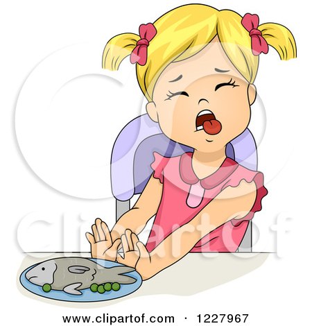 Clipart of a Girl Sticking Her Tongue out and Pushing Away a Plate of Fish - Royalty Free Vector Illustration by BNP Design Studio