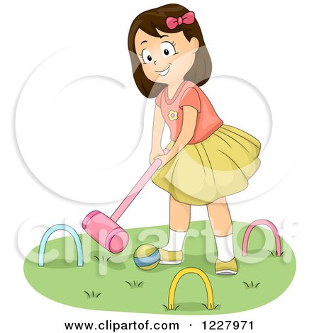 Clipart of a Happy Brunette Girl Playing Croquet - Royalty Free Vector Illustration by BNP Design Studio