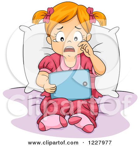 Clipart of a Sad Girl Crying and Reding an E Book on a Tablet Computer - Royalty Free Vector Illustration by BNP Design Studio