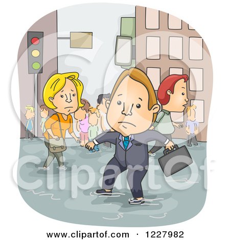 Clipart of a Businessman and Pedestrians Wading Through a Flood - Royalty Free Vector Illustration by BNP Design Studio