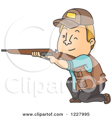 Clipart of a Male Hunter Kneeling and Aiming His Rifle - Royalty Free Vector Illustration by BNP Design Studio