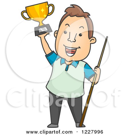 Clipart of a Man Holding a Billiards Pool Trophy and Cue Stick - Royalty Free Vector Illustration by BNP Design Studio