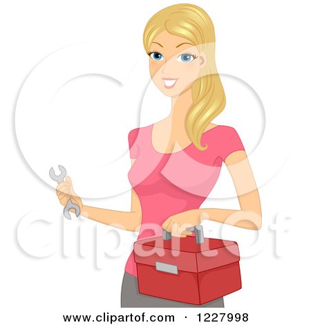 Clipart of a Handy Woman Holding a Wrench and Tool Box - Royalty Free Vector Illustration by BNP Design Studio