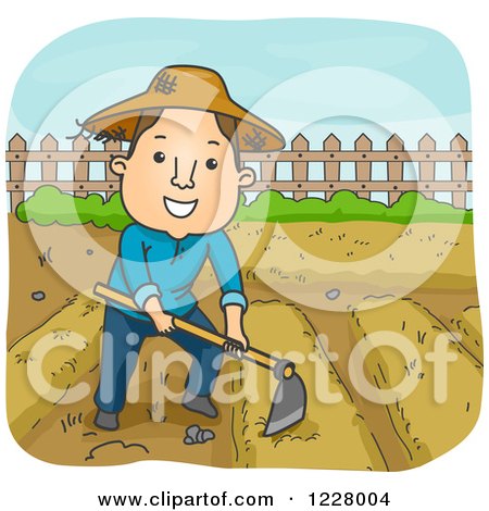 Clipart of a Happy Farmer Cultivating His Garden with a Hoe - Royalty Free Vector Illustration by BNP Design Studio
