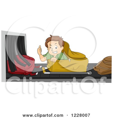 Clipart of a Man Holding a Thumb up While Riding Through the Baggage Check - Royalty Free Vector Illustration by BNP Design Studio