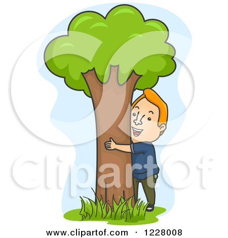 Clipart of a Happy Man Hugging a Tree - Royalty Free Vector Illustration by BNP Design Studio