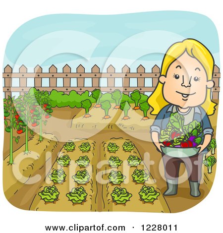 Clipart of a Happy Woman with a Bowl Full of Fresh Produce in a Garden - Royalty Free Vector Illustration by BNP Design Studio