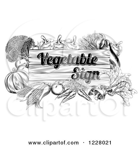 Clipart of a Black and White Wooden Vegetable Sign with Produce - Royalty Free Vector Illustration by AtStockIllustration