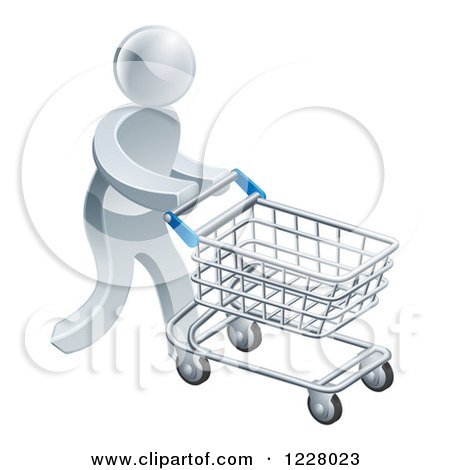 Clipart of a 3d Silver Man Pushing a Shopping Cart - Royalty Free Vector Illustration by AtStockIllustration