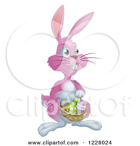 Clipart of a Pink Bunny Rabbit with a Basket of Easter Eggs - Royalty Free Vector Illustration by AtStockIllustration