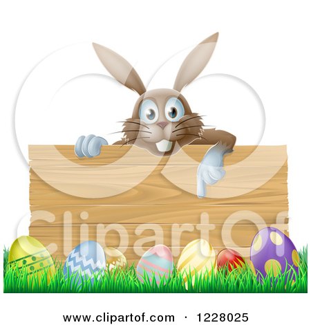 Clipart of a Brown Bunny over a Wood Sign and Easter Eggs - Royalty Free Vector Illustration by AtStockIllustration