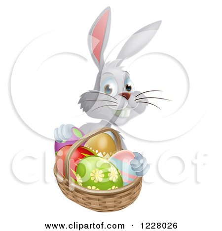 Clipart of a Gray Bunny Rabbit with a Basket of Easter Eggs - Royalty Free Vector Illustration by AtStockIllustration